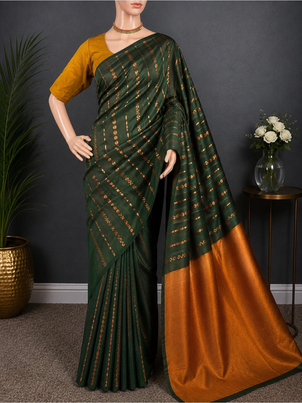 Brand new Green & Copper Silk Saree with stitched blouse(34” - 42”)